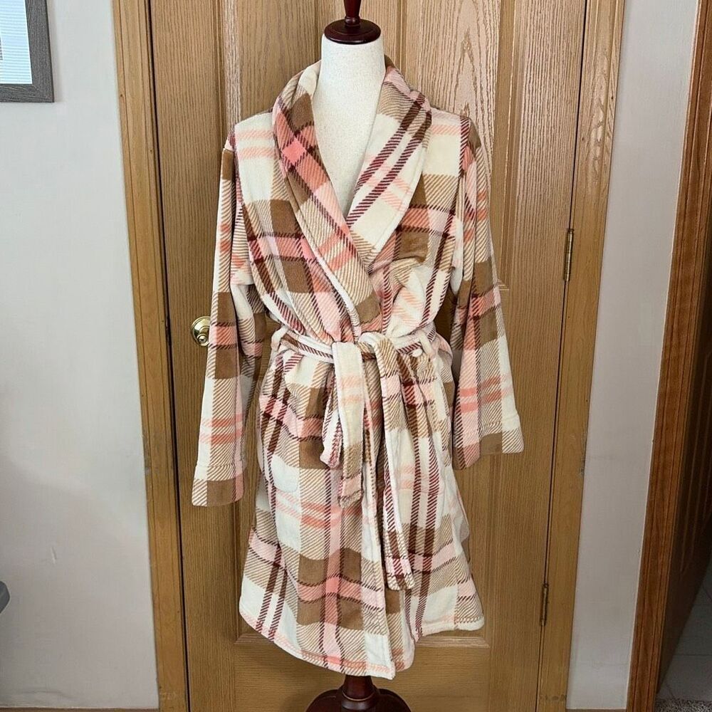 NWOT Vera Bradley Women's Fleece Robe Venetian Plaid Neutral - Picture 2 of 8